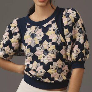 Maeve Puff Sleeve Quilted Patchwork Knit Top Size Medium